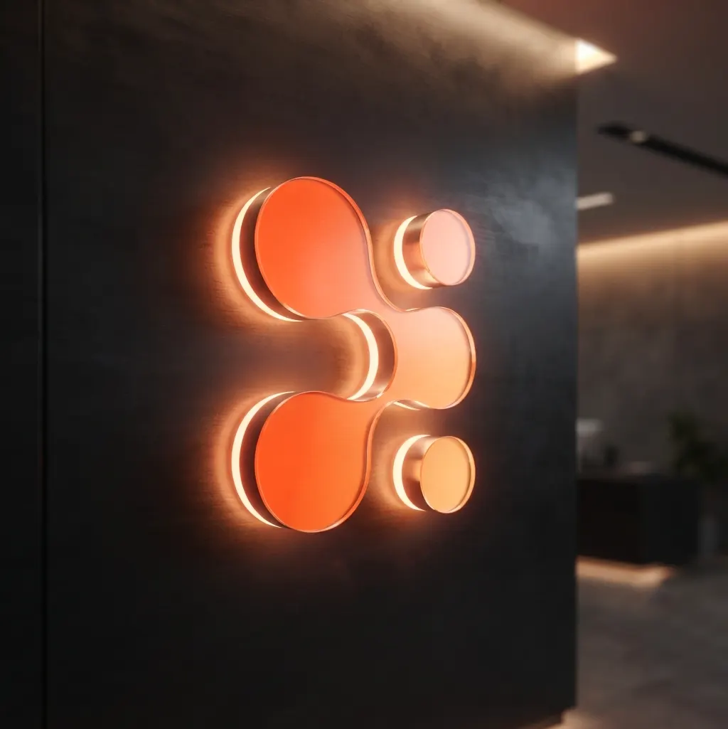 Illuminated Assuresec symbol on a dark office wall